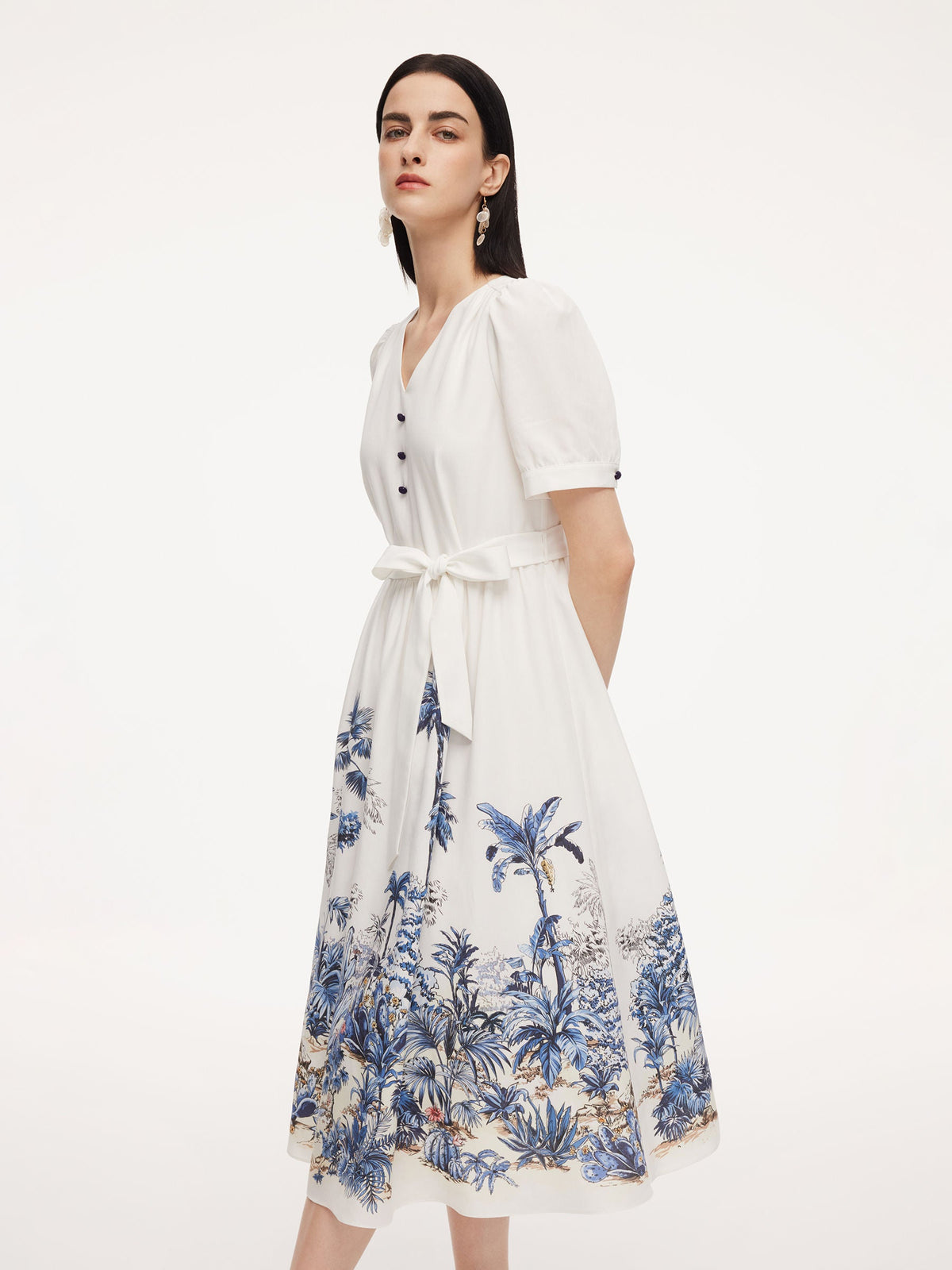 Tencel Linen Floral Print Women V-Neck Midi Dress With Self-Tie Belt