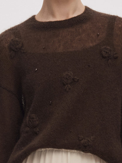 Mohair Wool Blend Women Hand-Crocheted Floral Sweater