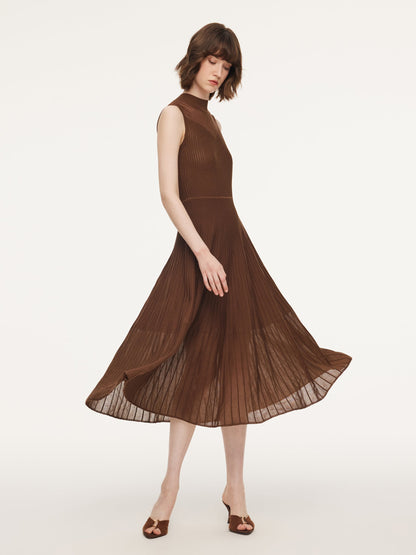 Mock Neck Sleeveless A-Line Women Pleated Maxi Dress