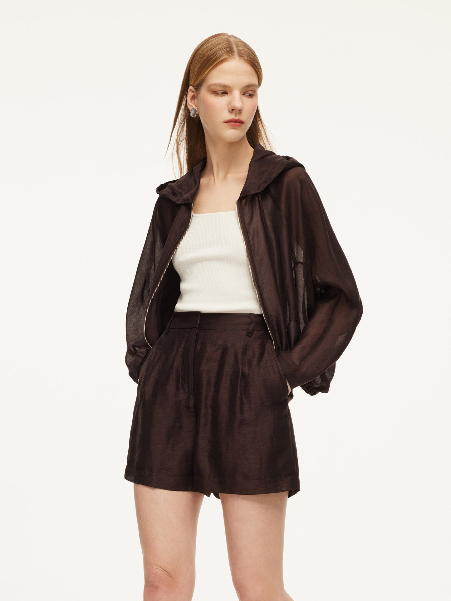Tencel Linen Blend Women Sheer Hooded Jacket