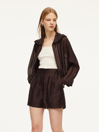 Tencel Linen Blend Women Sheer Hooded Jacket