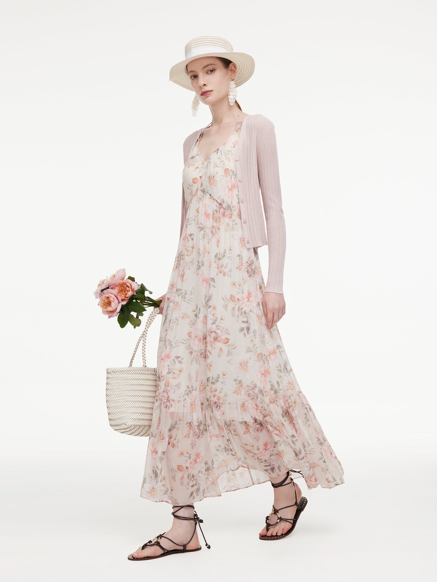 10MM Mulberry Silk Floral Print Women Strap Maxi Dress
