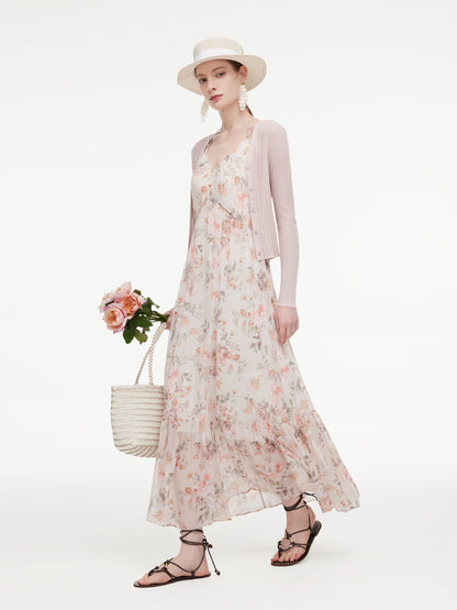 10MM Mulberry Silk Floral Print Women Strap Maxi Dress