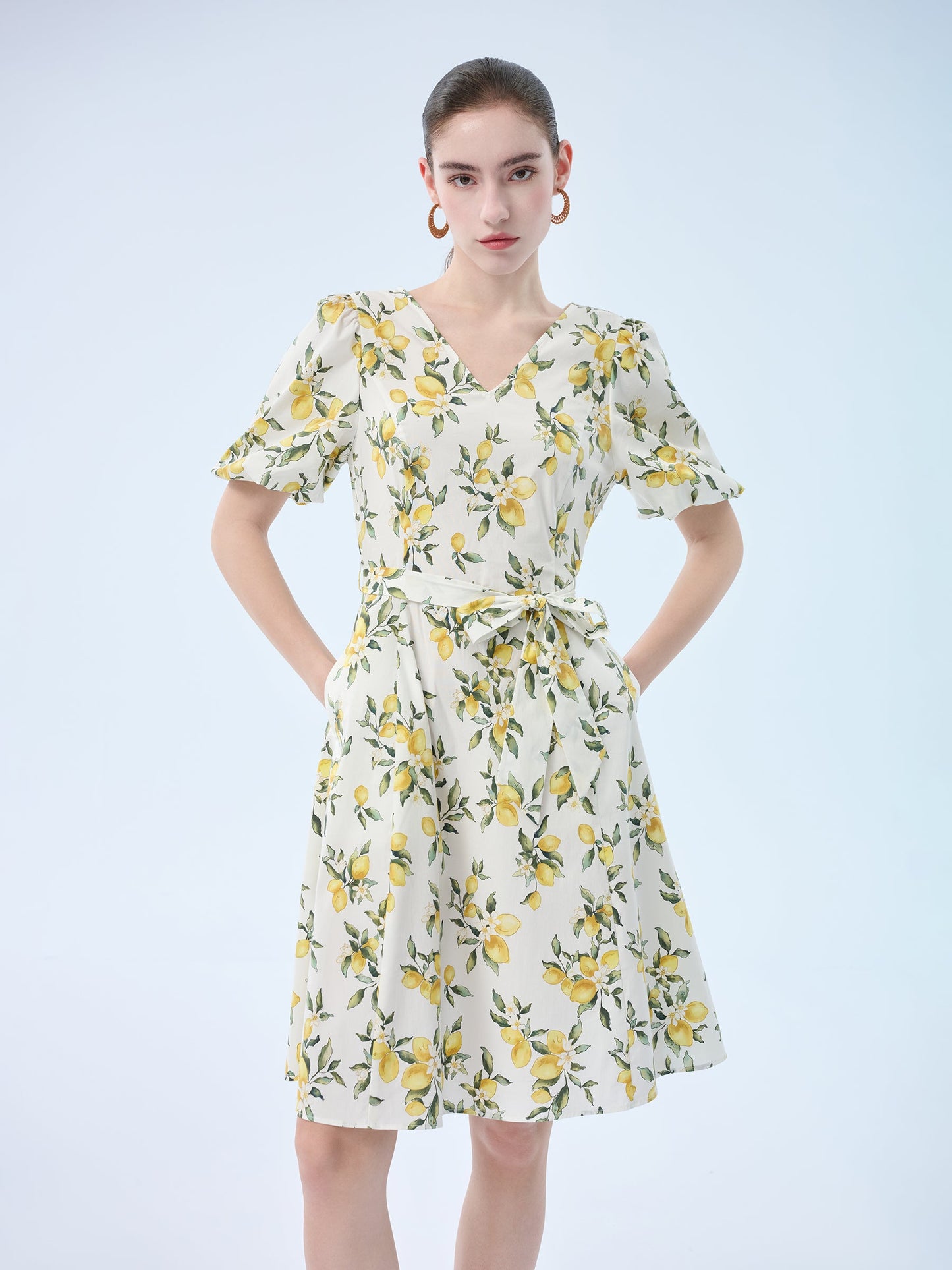 Cotton Lemon Print V-Neck Women Belted Midi Dress