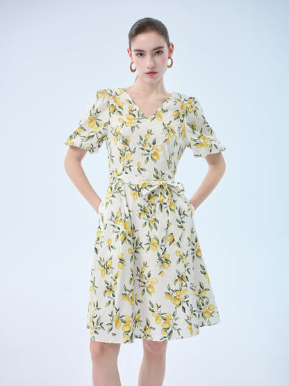 Cotton Lemon Print V-Neck Women Belted Midi Dress
