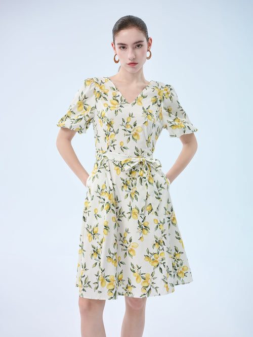 Cotton Lemon Print V-Neck Women Belted Midi Dress