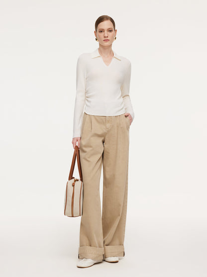 100% Wool V-Neck Ruched Women Polo Knit Top