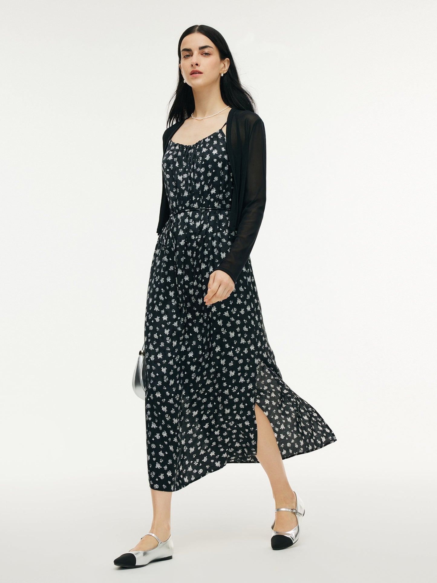 Floral Print Strap Side Slit Maxi Dress And Cardigan Two-Piece Set