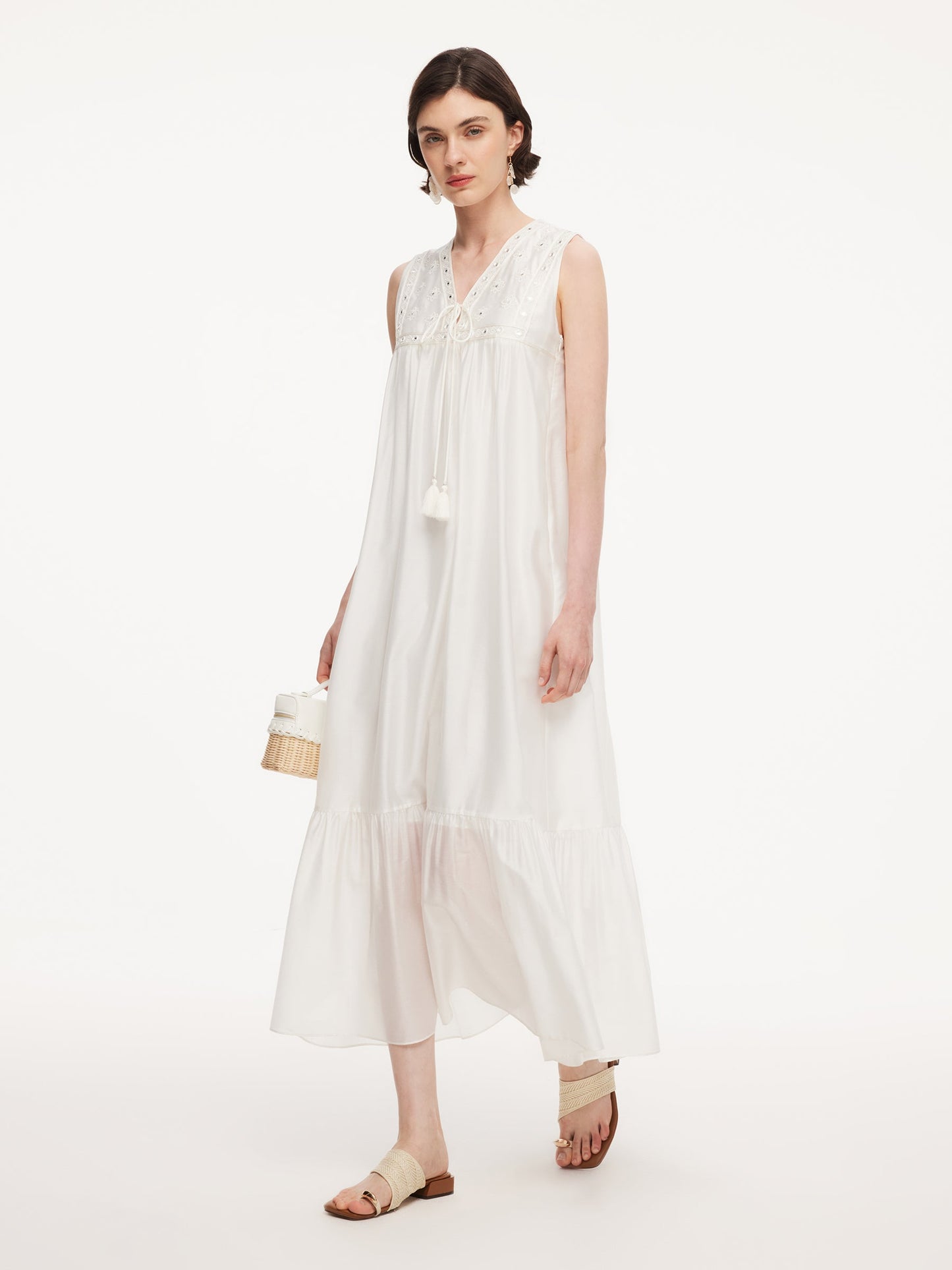 Tencel Blend Embroidered Women Sleeveless Maxi Dress