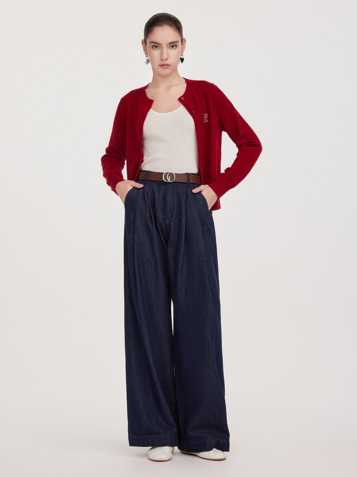 100% Cotton Denim Wide Leg Women Jeans With GO Letter Belt