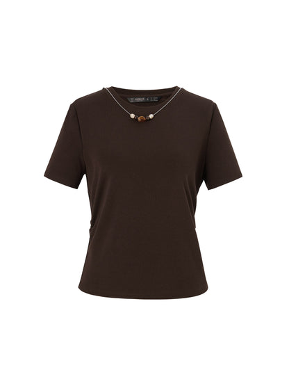 Side Twist Women T-Shirt With Detachable Beaded Necklace
