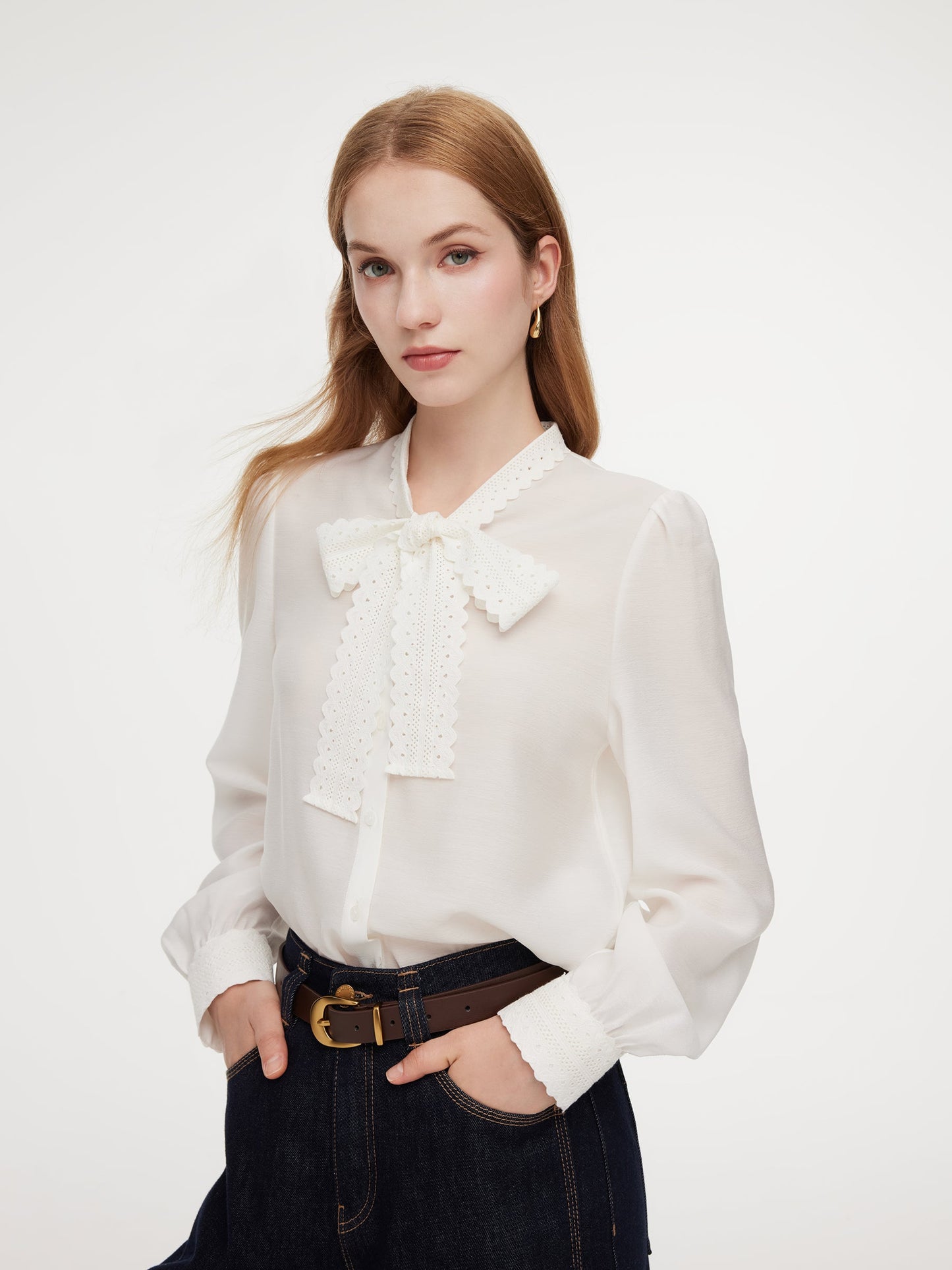 [Preview] Acetate Blend Lace Bow Tie Women Shirt