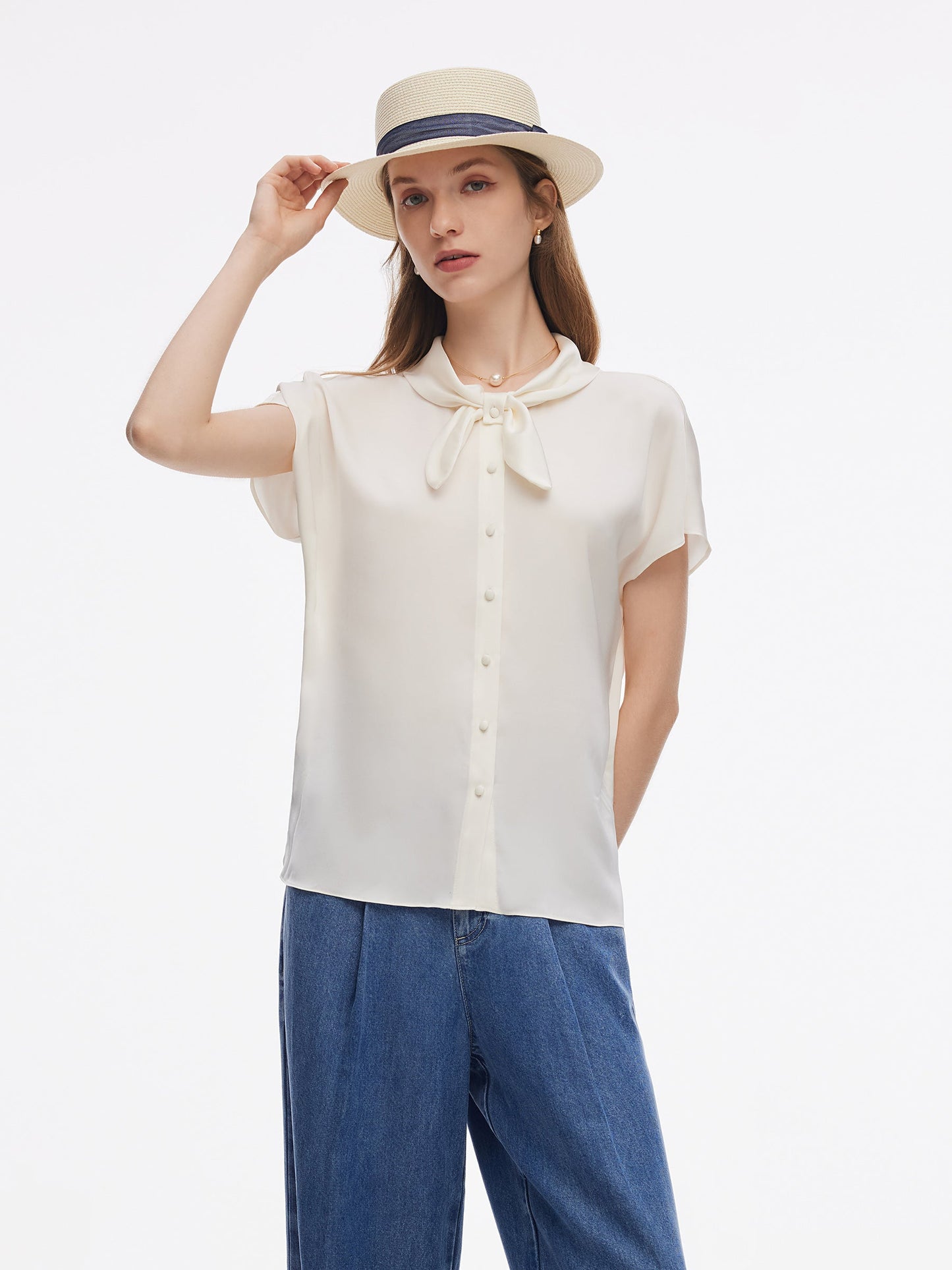 22MM Mulberry Silk Women Bow Tie Neck Shirt