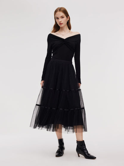 Mesh Tiered Women Elastic Waist Skirt