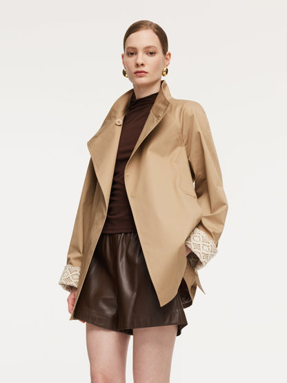 Cotton Stand Collar Lace Cuffs Women Self-Tie Belt Trench Coat