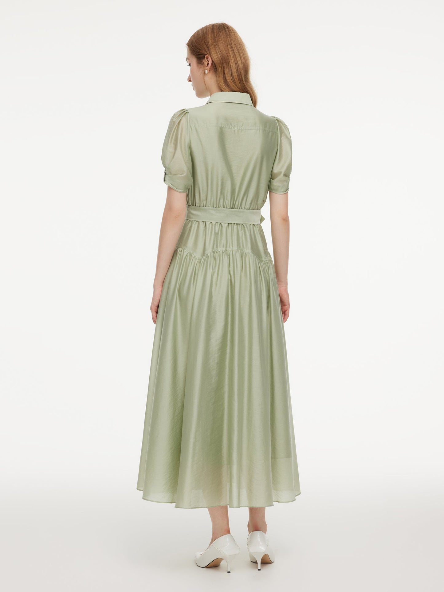 Tencel Blend Puff Sleeve Women Belted Maxi Shirt Dress