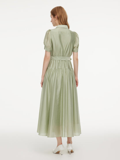 Tencel Blend Puff Sleeve Women Belted Maxi Shirt Dress