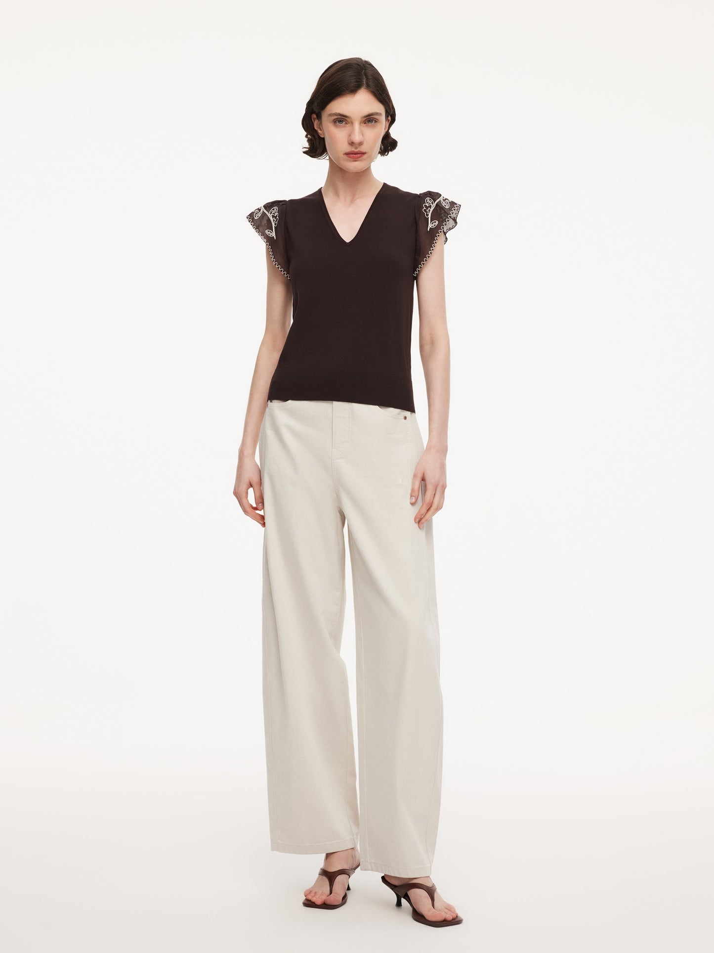 Lyocell Blend V-Neck Women Embroidered Sleeve Knit Top
