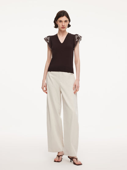Lyocell Blend V-Neck Women Embroidered Sleeve Knit Top