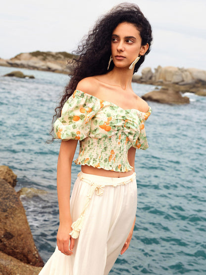 Cotton Floral Print Women Smocked Top