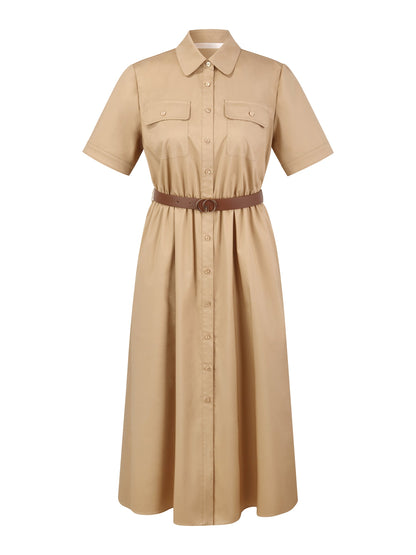 Cotton Blend Women Midi Shirt Dress With Leather Belt