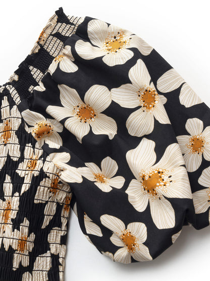 Cotton Stretch Floral Print Women Smocked Maxi Dress