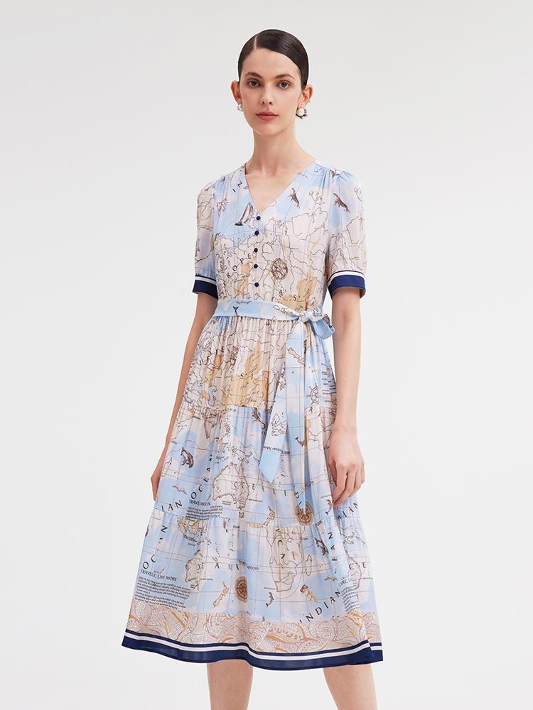 19 Momme Silk Map Print Midi Dress