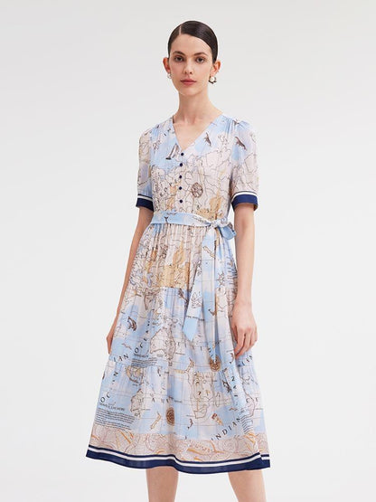 19 Momme Silk Map Print Midi Dress