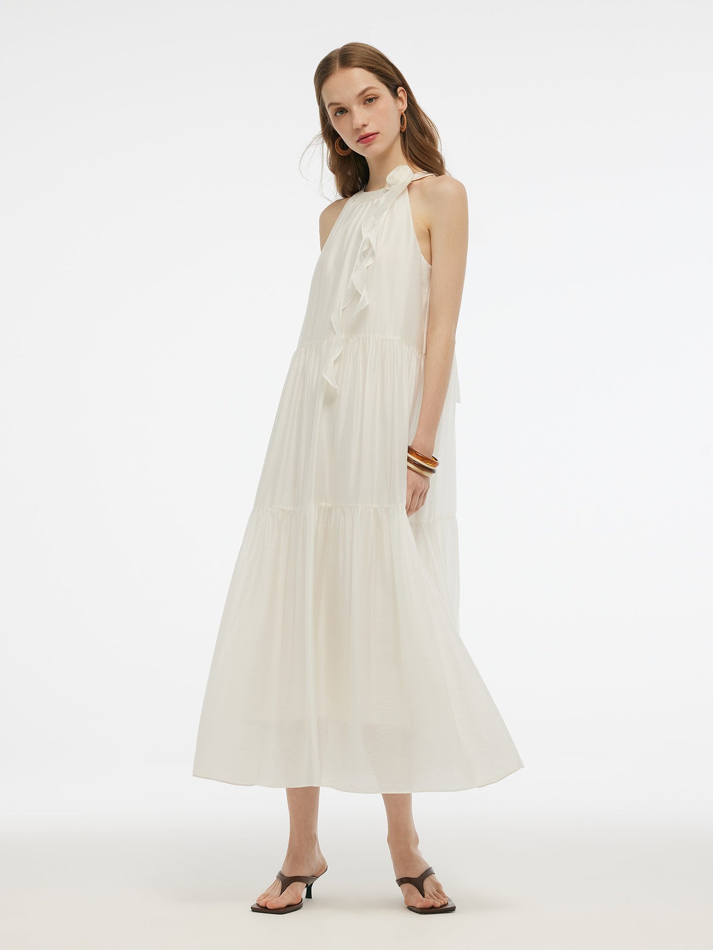 Tencel Blend Halter Maxi Dress With Detachable Flower