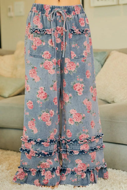 BiBi Washed Floral Denim With Ruffle Elastic Wide Pants
