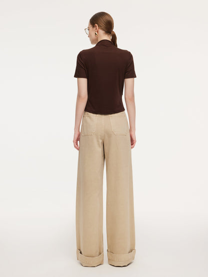 Cotton Denim Straight Wide Leg Women Folded Jeans With Belt