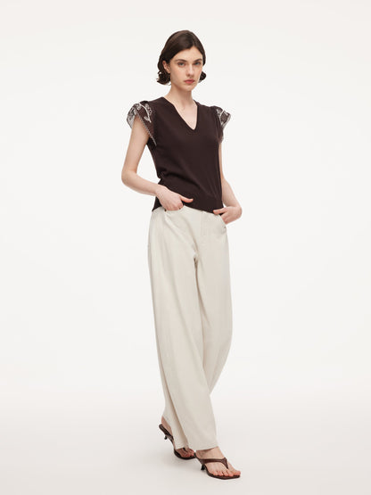 Lyocell Blend V-Neck Women Embroidered Sleeve Knit Top