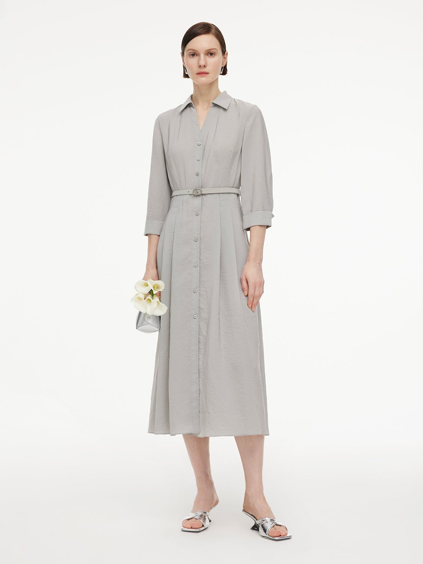 [Preview] Triacetate Blend Women Belted Maxi Shirt Dress
