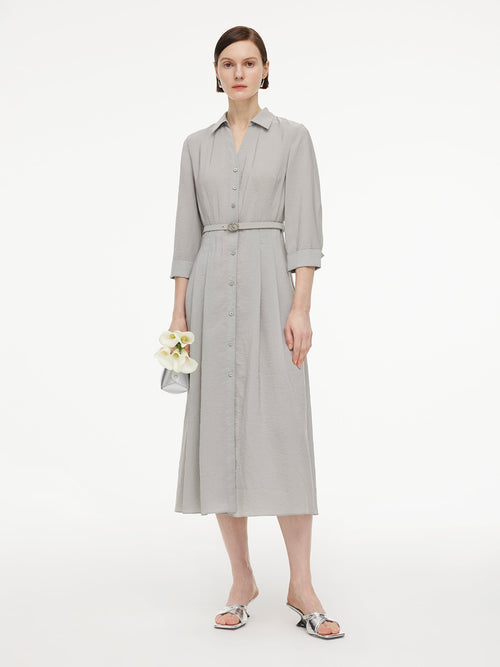 [Preview] Triacetate Blend Women Belted Maxi Shirt Dress