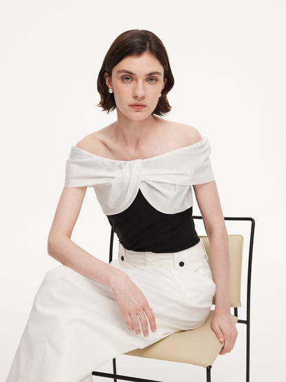 Tencel Blend Patchwork Bow Neck Women Knit Top