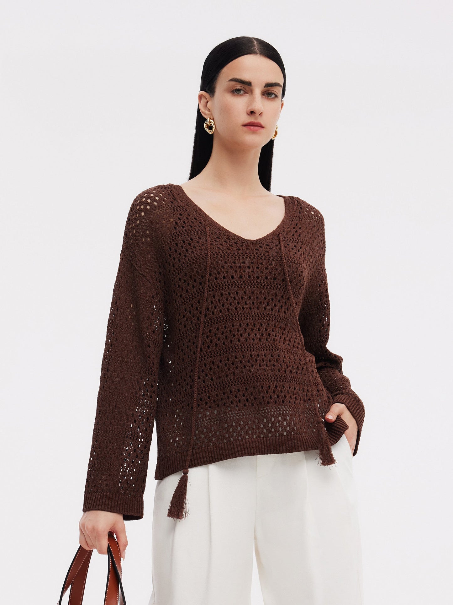 Linen Blend Openwork Pullover And Knit Tank Two-Piece Set
