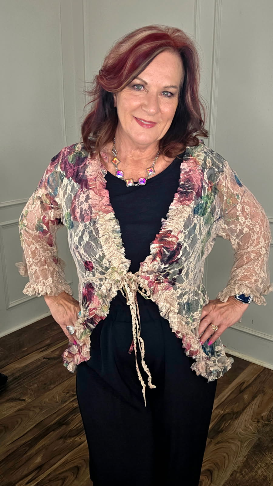 Origami - Rosy Lace Ruffle Short Cardigan