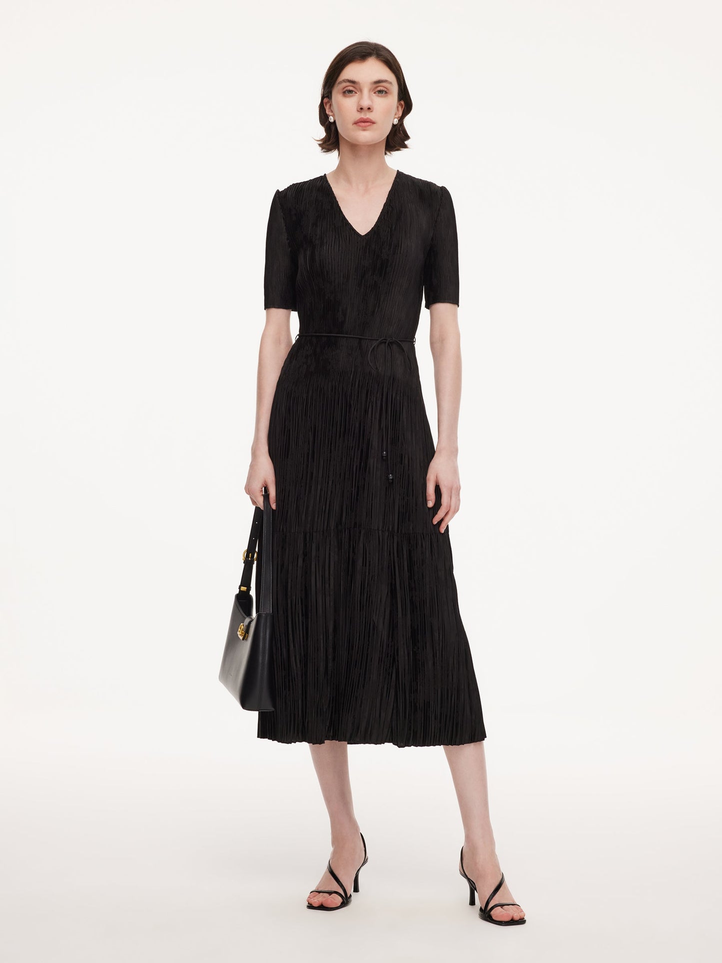 Satin Jacquard Women Pleated Maxi Dress With Self-Tie Belt