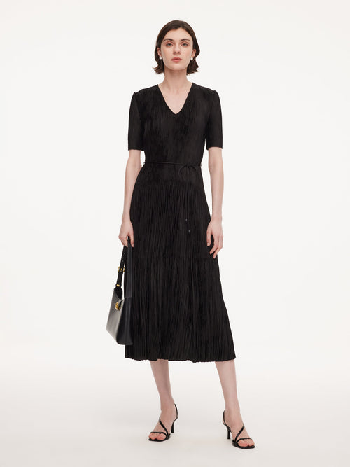 Satin Jacquard Women Pleated Maxi Dress With Self-Tie Belt