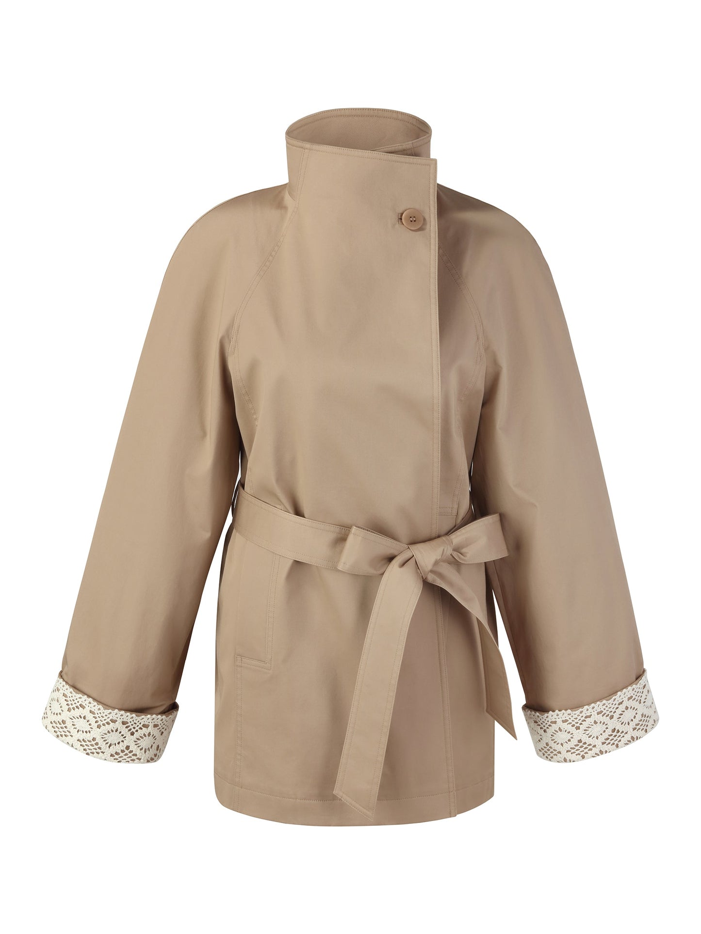 Cotton Stand Collar Lace Cuffs Women Self-Tie Belt Trench Coat