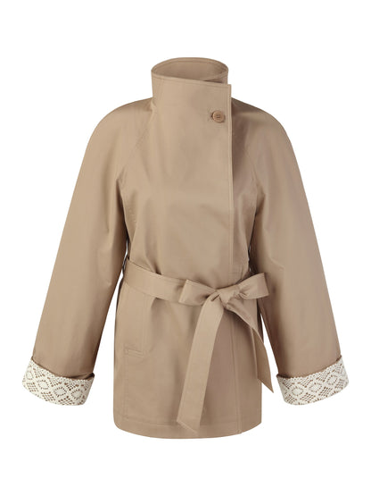 Cotton Stand Collar Lace Cuffs Women Self-Tie Belt Trench Coat