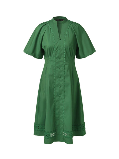 Gathered Waist Puff Sleeve Women Midi Dress