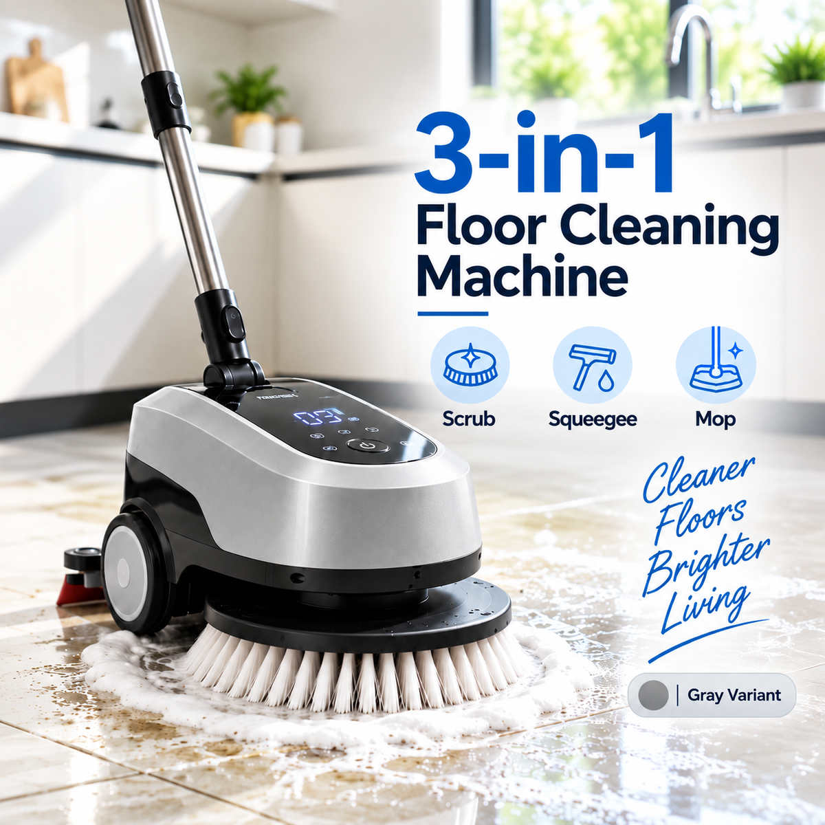 UltraClean 3-in-1 Electric Floor Scrubber – Rotating Brush, Squeegee & Mop Cleaning System