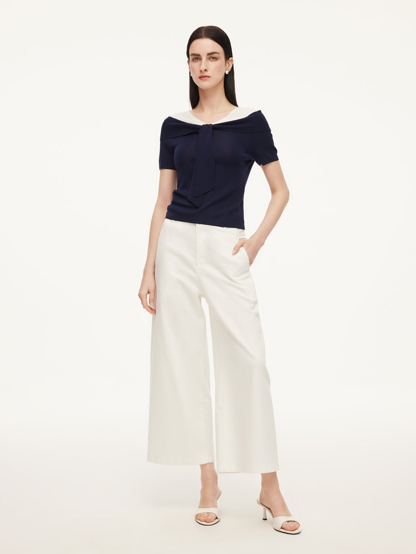 Tencel Blend Color Block Tie Front Women Knit Top