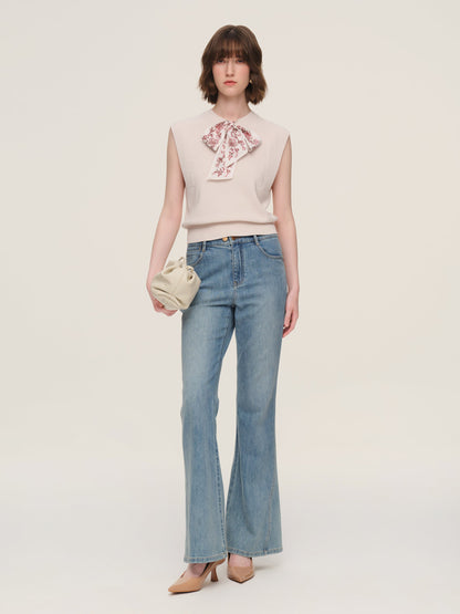 Cap Sleeve Knit Tank Top And 100% Ramie Skirt Two-Piece Set With Silk Scarf