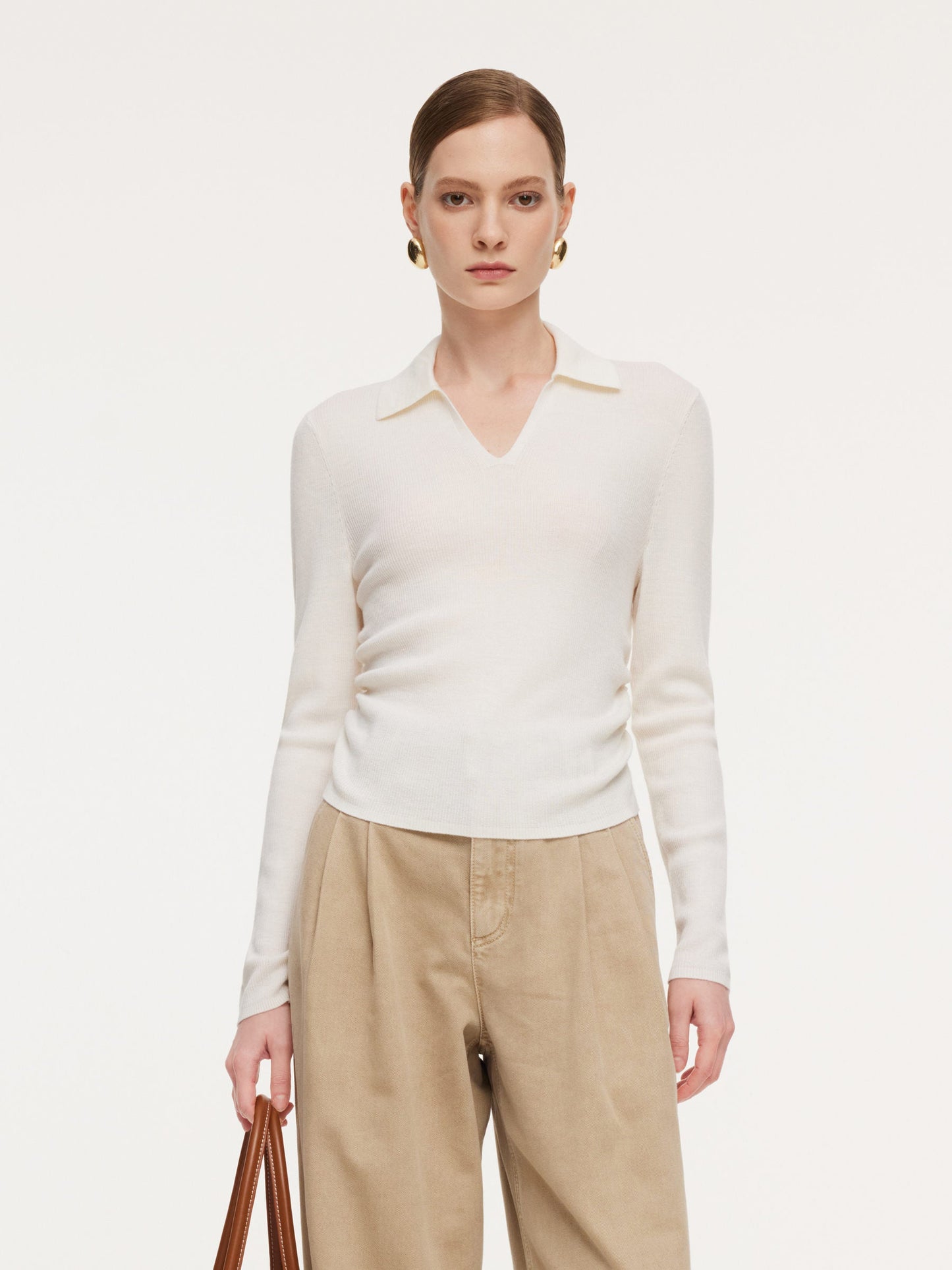 100% Wool V-Neck Ruched Women Polo Knit Top