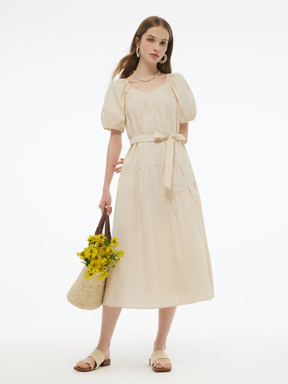 100% Cotton A-Line Women Maxi Dress With Two Tie Belts