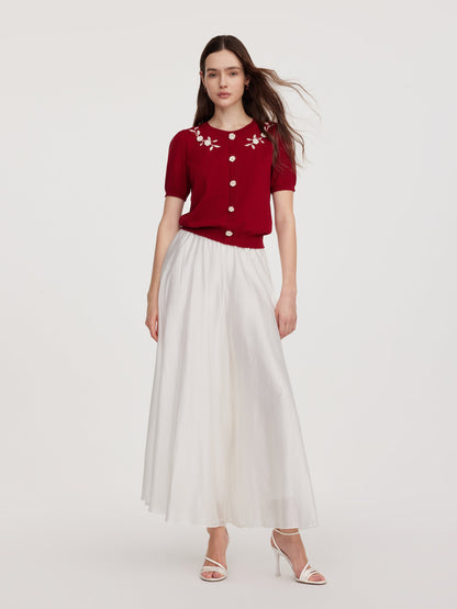 Lyocell Blend Jacquard Women Knit Top With Detachable Knit Flowers