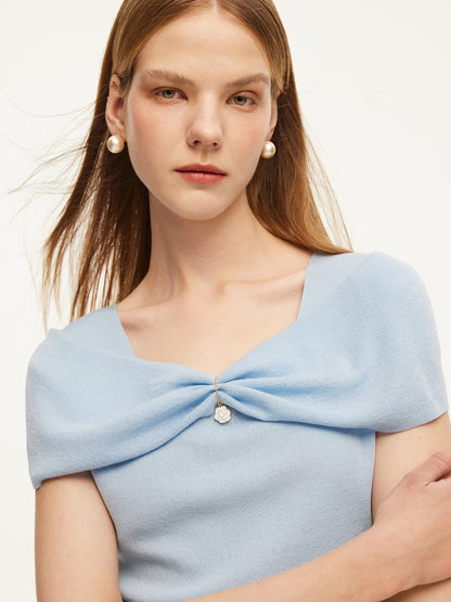 Lyocell Blend Off Shoulder Women Knit Top With Detachable Magnetic Flower