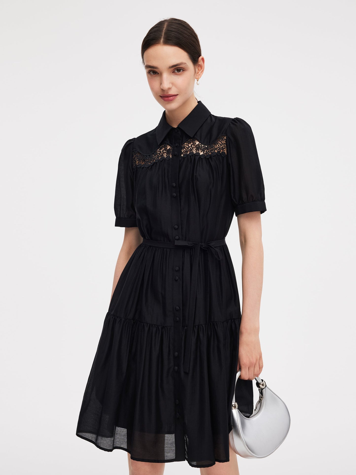 Tencel Blend Women Tiered Mini Dress With Ribbon